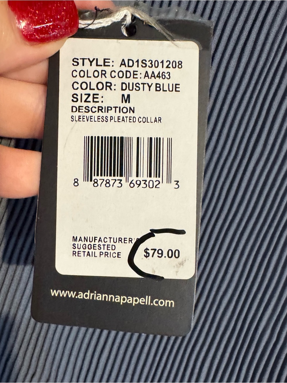NWT Adrianna Papell Dusty Blue Tie-Neck Sleeveless Pleated Top  MEDIUM   #Z - Picture 9 of 9